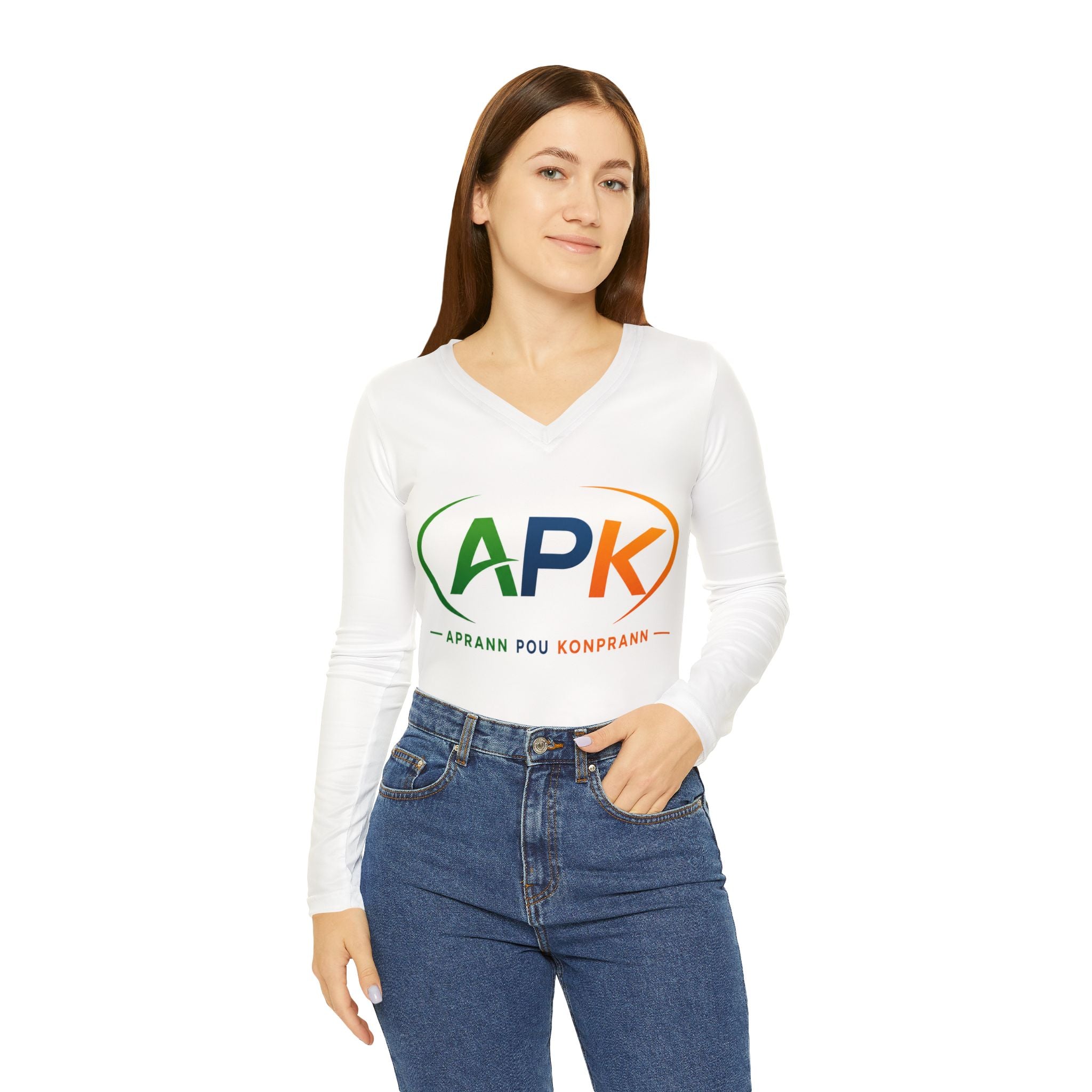 APK Logo Women's V-Neck Long Sleeve Shirt — Aprann Pou Konprann