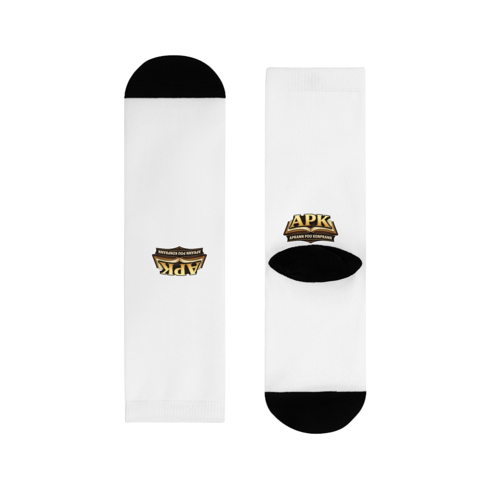 APK Logo Sublimation Crew Socks — Custom White Athletic Socks