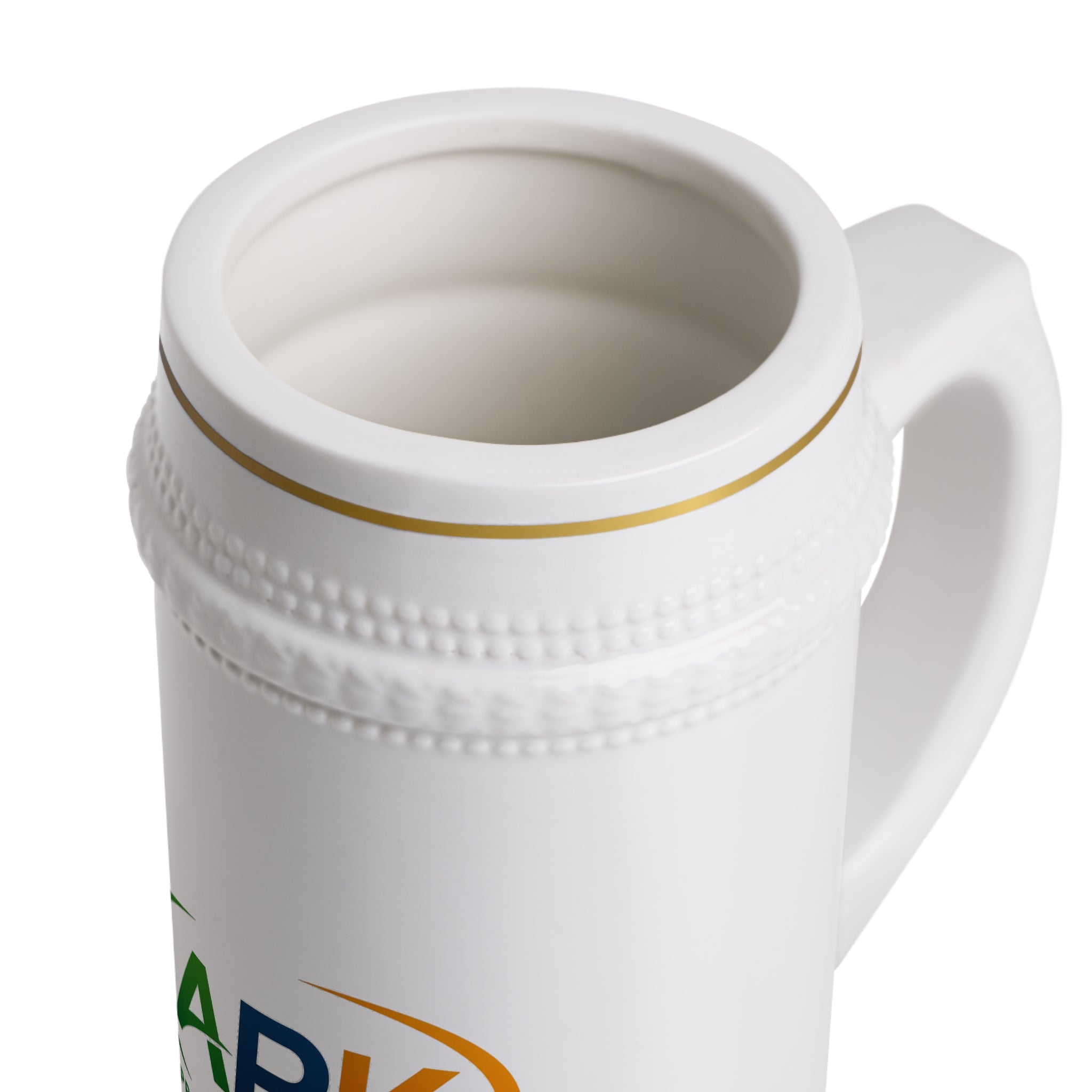APK Logo Ceramic Beer Stein — Branded White Stein Mug with Gold Trim