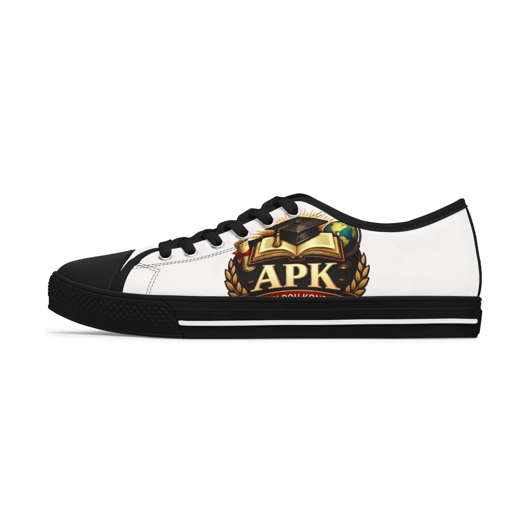 Low Top Sneakers — White Canvas Women’s Shoes with APK Crest Design