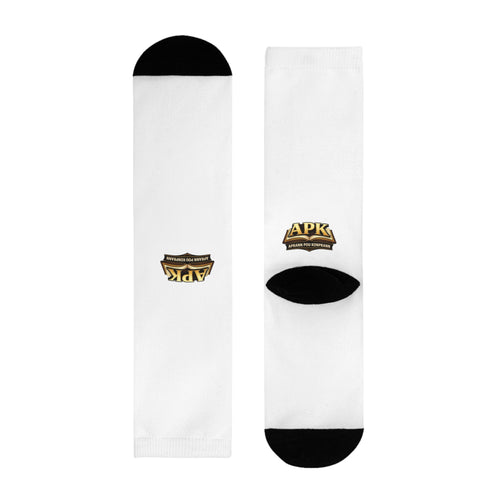 APK Logo Sublimation Crew Socks — Custom White Athletic Socks