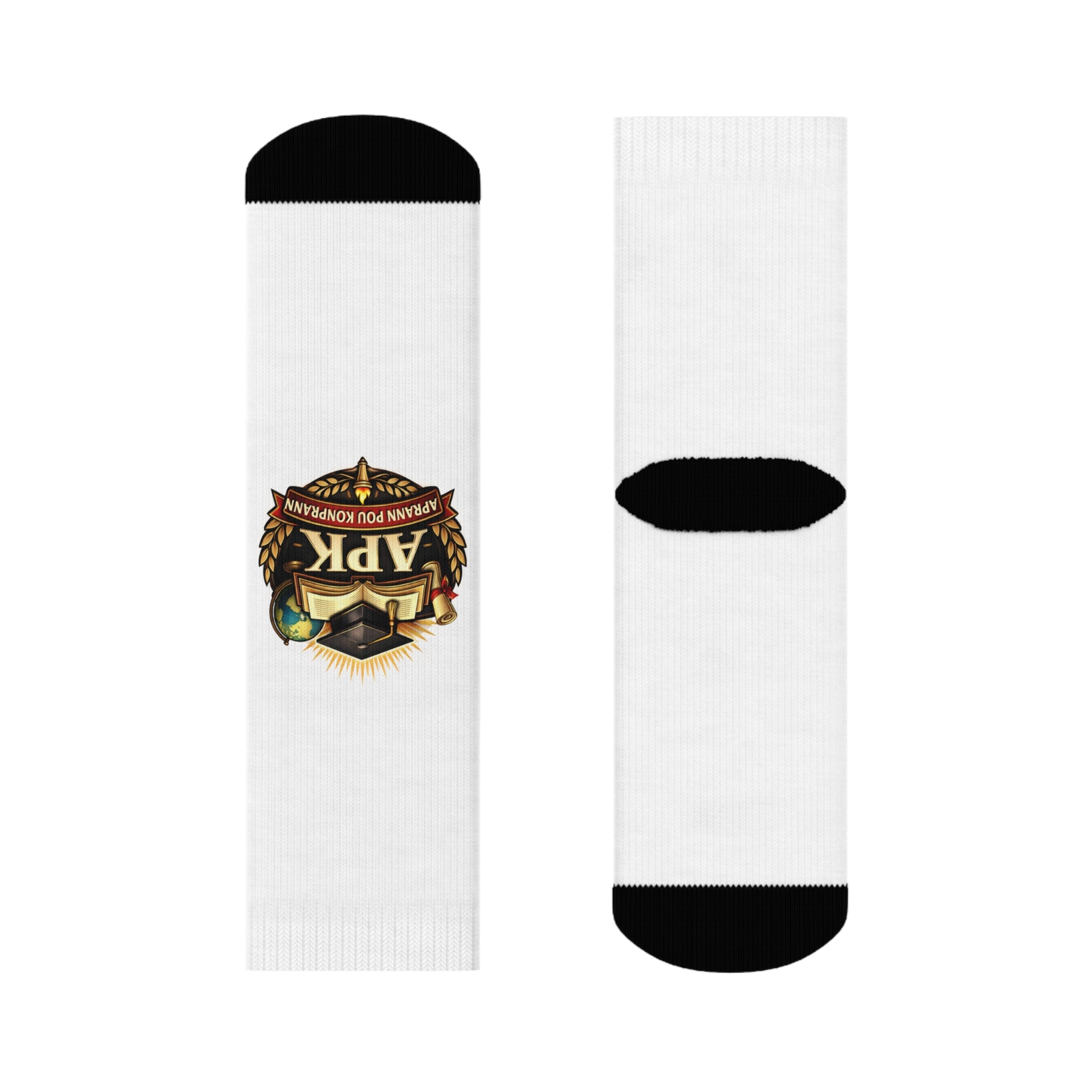 APK Crest Crew Socks - Novelty White Athletic Socks with Vintage Emblem