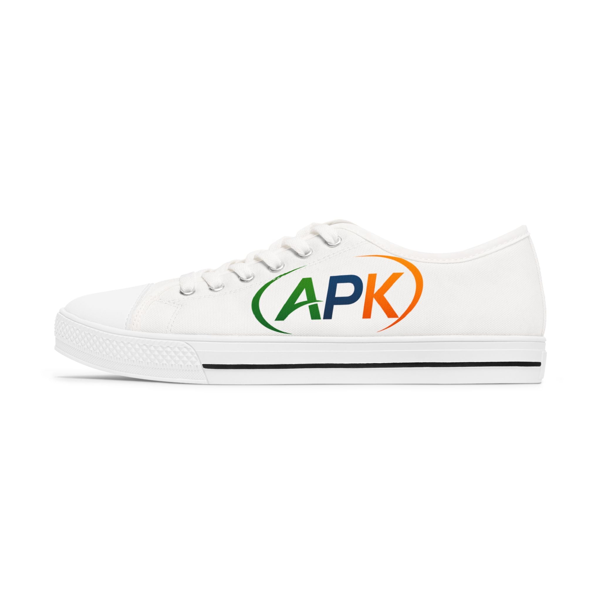 Low Top Sneakers — White Canvas Women’s Shoes with APK Crest Design