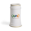 APK Logo Ceramic Beer Stein — Branded White Stein Mug with Gold Trim