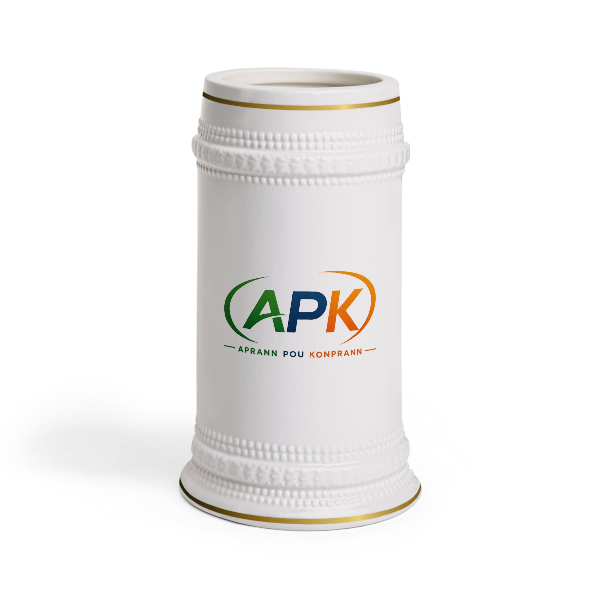 APK Logo Ceramic Beer Stein — Branded White Stein Mug with Gold Trim