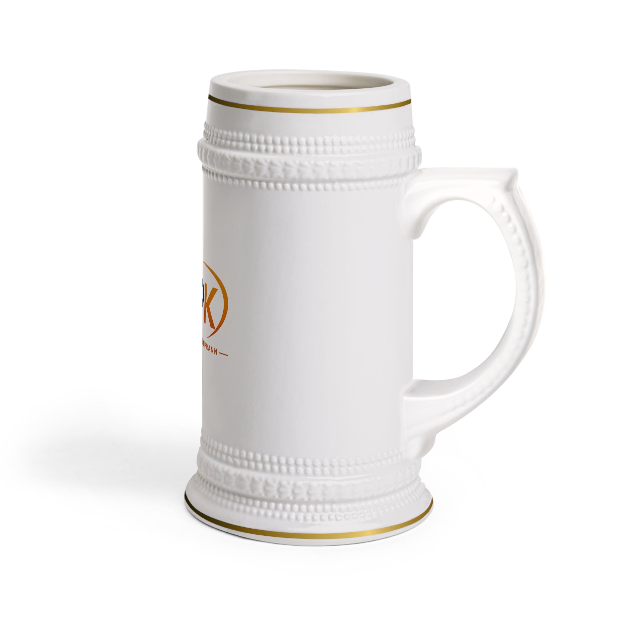 APK Logo Ceramic Beer Stein — Branded White Stein Mug with Gold Trim