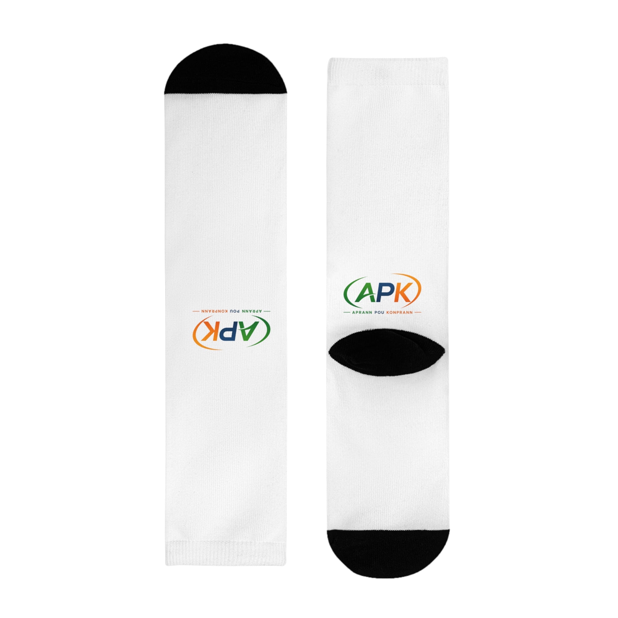 APK Logo Sublimation Crew Socks — Custom White Athletic Socks