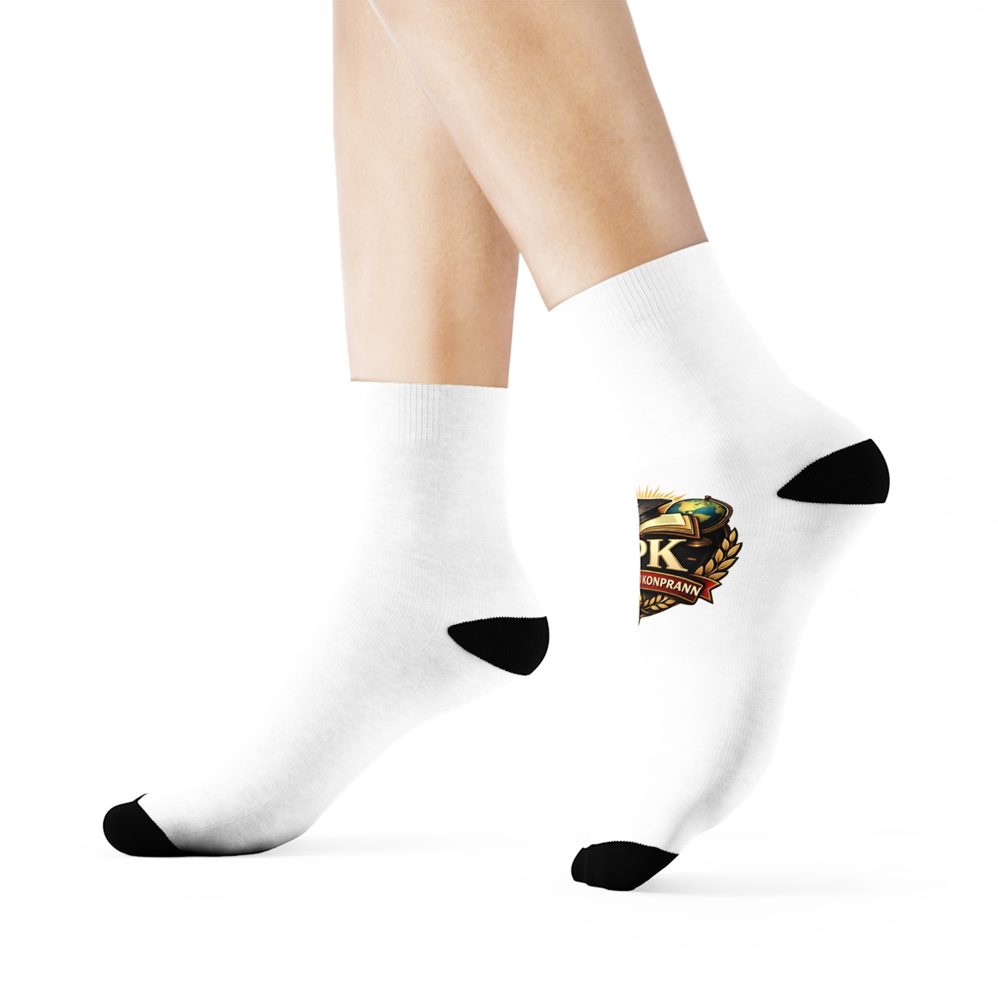 APK Crest Crew Socks - Novelty White Athletic Socks with Vintage Emblem