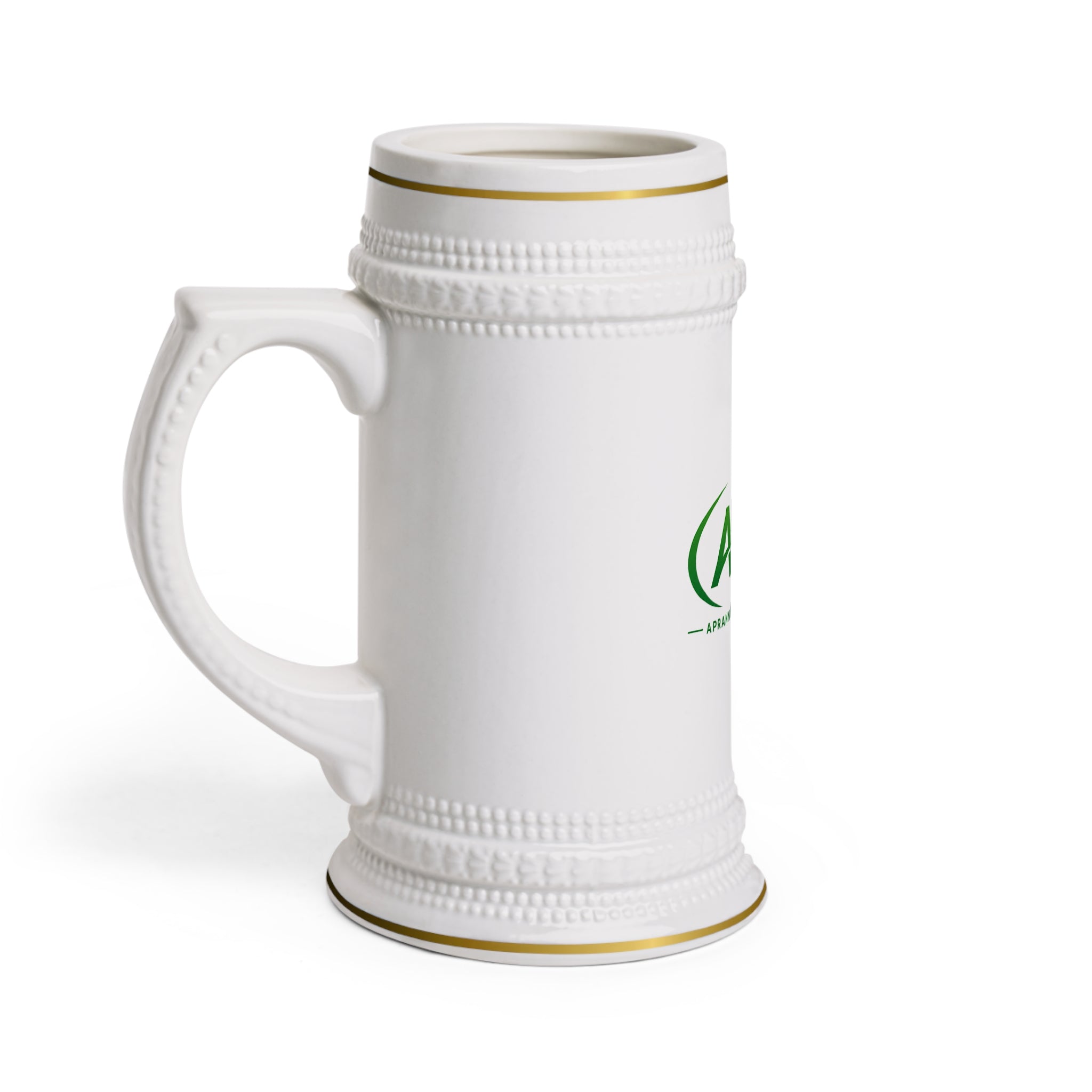 APK Logo Ceramic Beer Stein — Branded White Stein Mug with Gold Trim