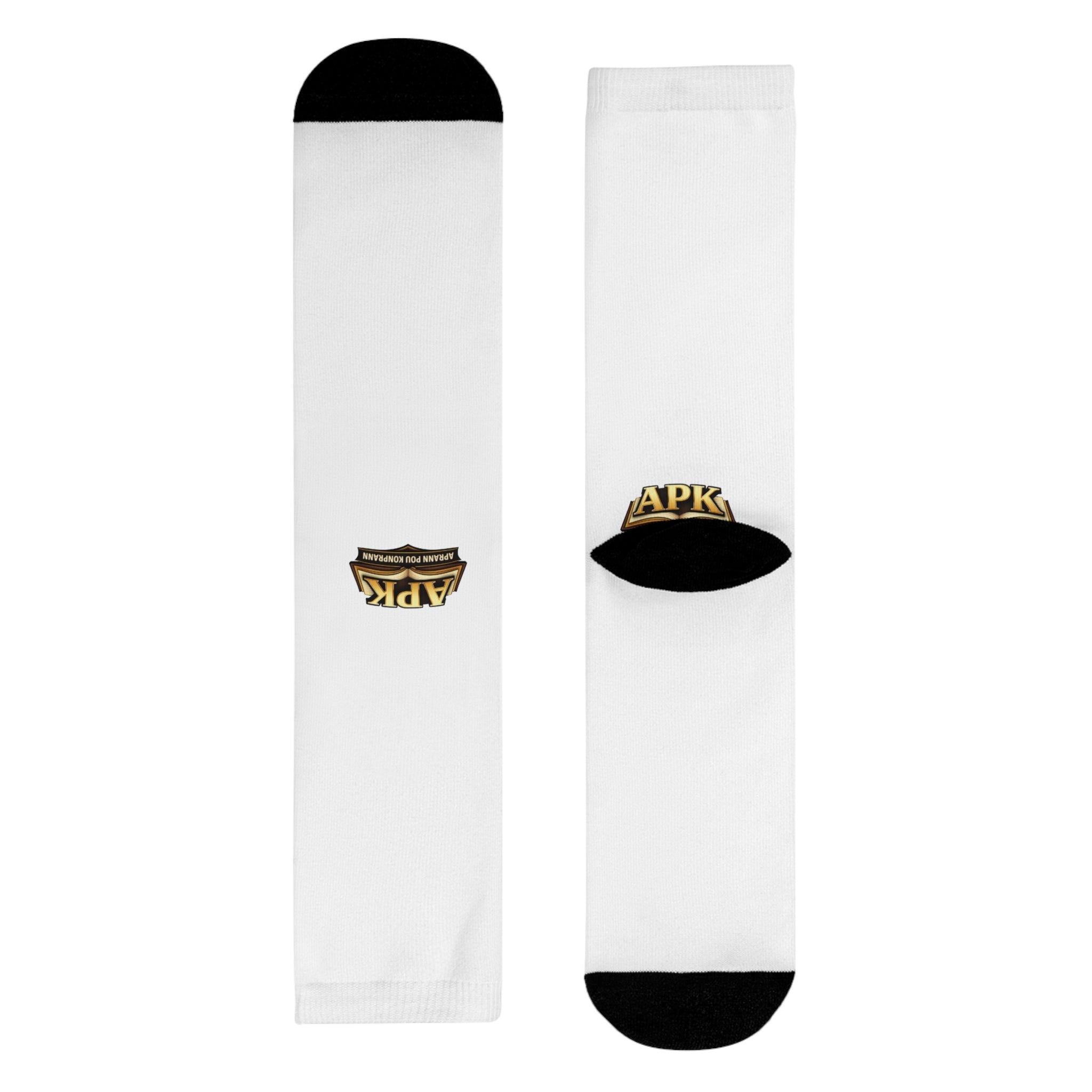 APK Logo Sublimation Crew Socks — Custom White Athletic Socks