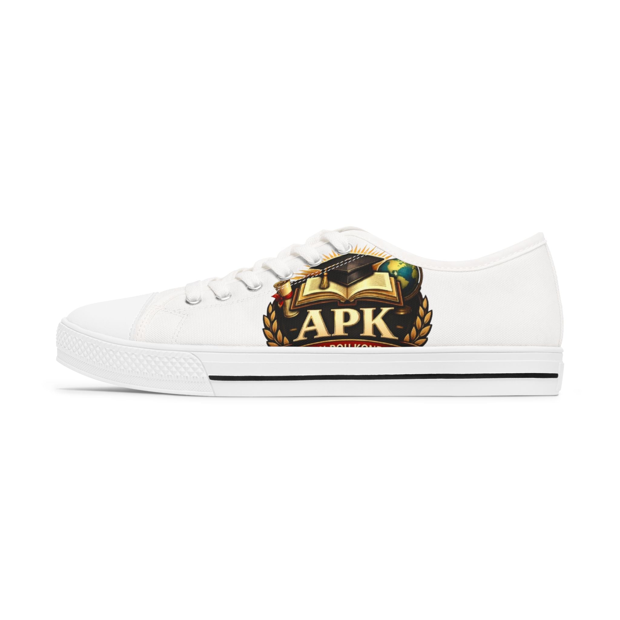 Low Top Sneakers — White Canvas Women’s Shoes with APK Crest Design