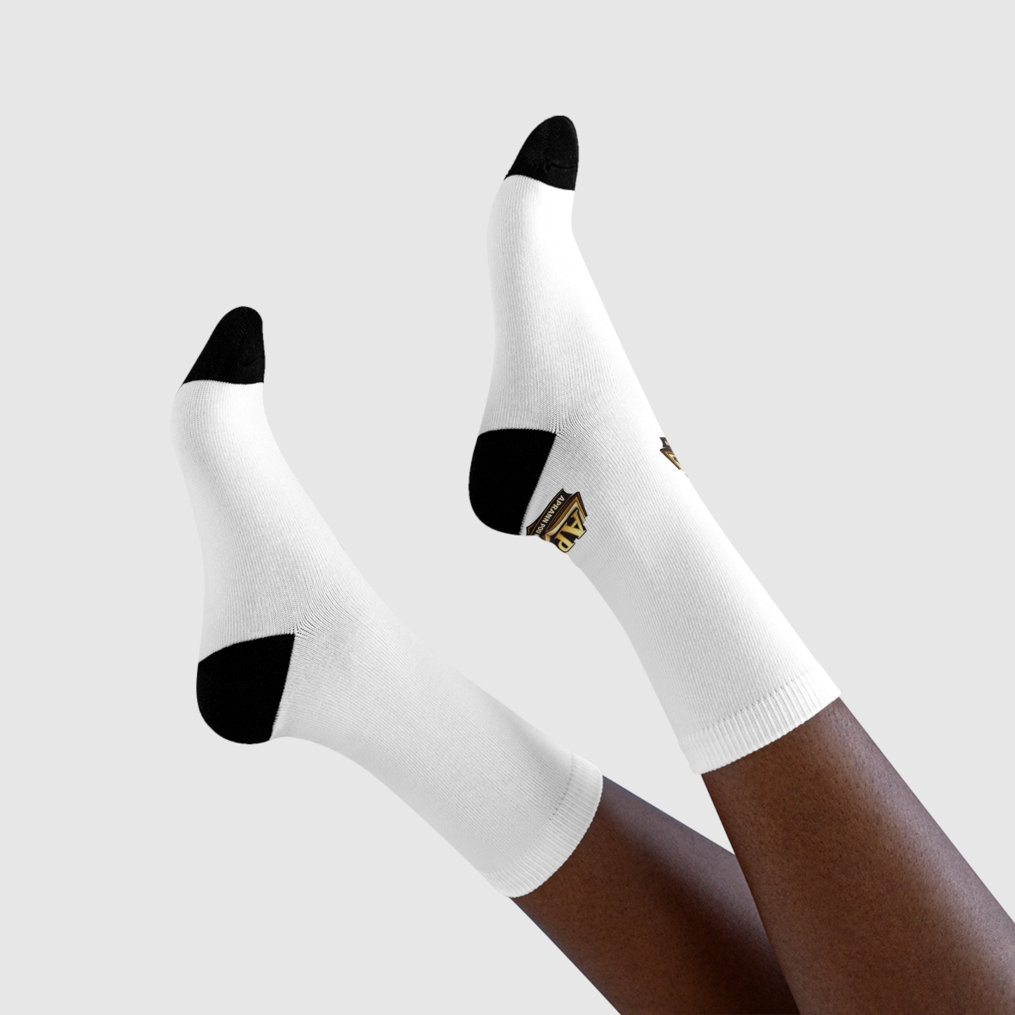 APK Logo Sublimation Crew Socks — Custom White Athletic Socks