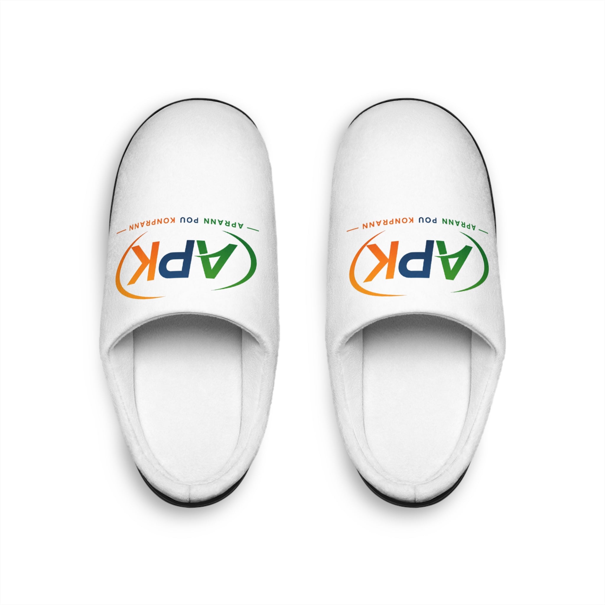 Women's Indoor Slippers — Cozy White Slippers with Colorful APK Logo