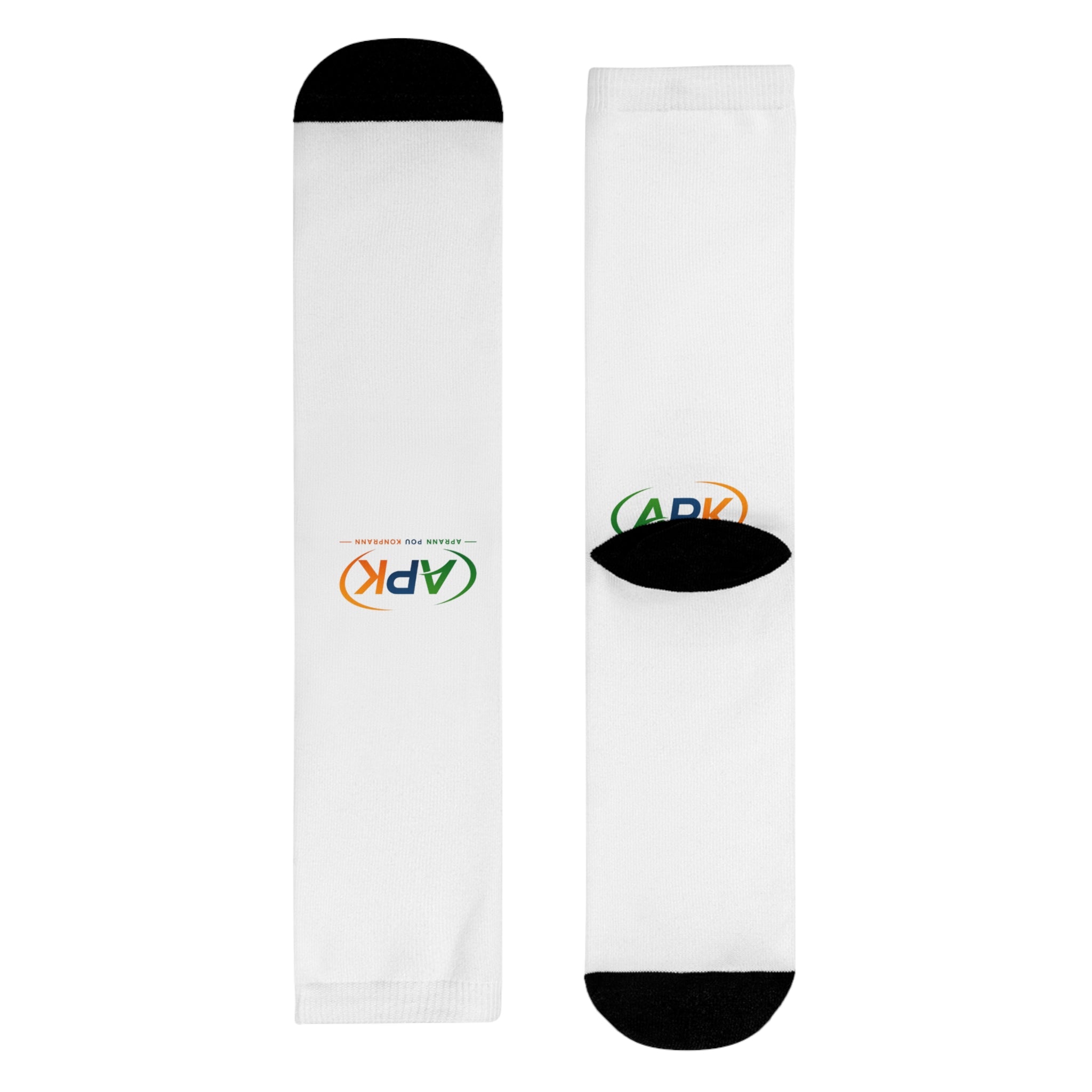 APK Logo Sublimation Crew Socks — Custom White Athletic Socks
